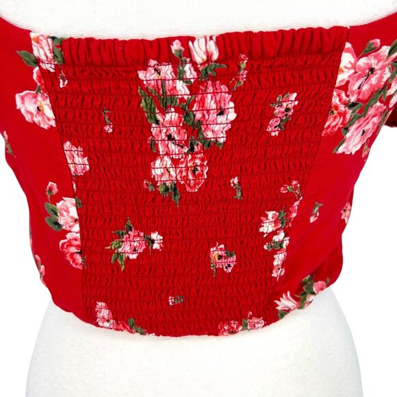 BOG Red Floral Crop Top Flutter Sleeves Ruched Front Size Large - Picture 5 of 10